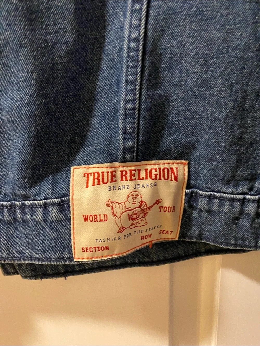 True Religion Cotton Stretch Logo Print Red Thread Blue Denim Jacket NWT